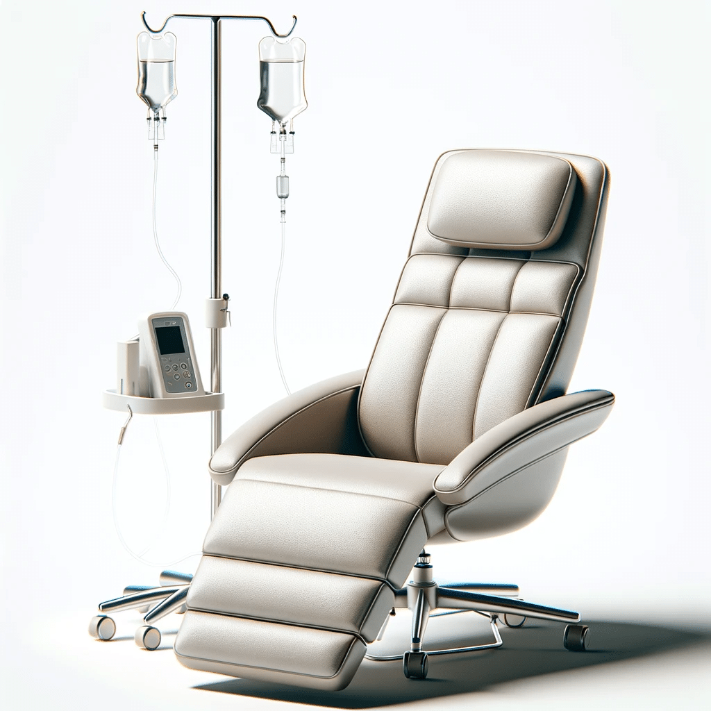 dall·e 2023 11 30 13.50.04 a detailed image of an iv therapy chair with an iv drip stand beside it isolated on a white background. the chair is designed for comfort and iv bar & injections revival health and wellness